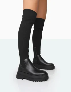 Public Desire Happier Boucle Knit Over The Knee Boots Black Hot