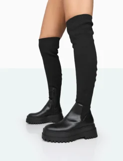 Public Desire Happier Boucle Knit Over The Knee Boots Black Hot