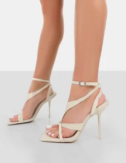 Public Desire Harness Croc Strappy Square Toe Stiletto Heels Ecru Online