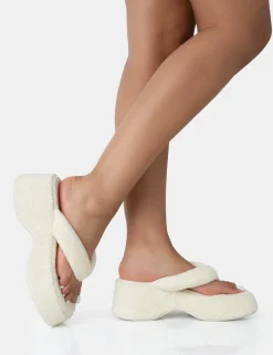 Public Desire Havana Towelling Flip Flop Chunky Platform Sandals Ecru New