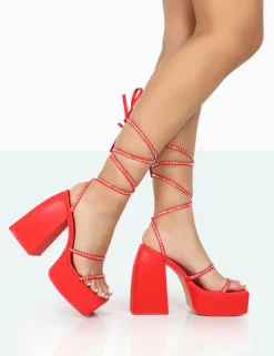 Public Desire Helena Grain Pu Sparkly Diamante Chunky Square Toe Platform Heel Block Heels Red Cheap