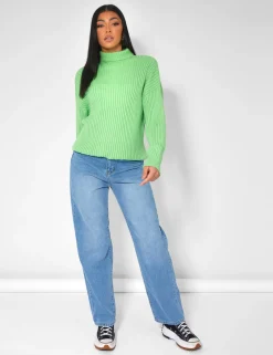 Public Desire High Neck Constrast Stitch Ribbed Knitted Oversized Jumper Green Discount