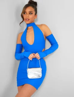 Public Desire High Neck Cut Away Long Sleeve Mini Dress Cobalt Blue Discount