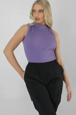 Public Desire High Neck Rib Bodysuit Violet Cheap