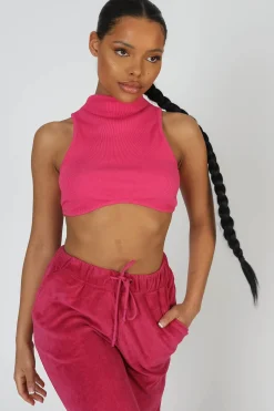 Public Desire High Neck Underbust Ribbed Crop Top Pink New