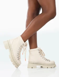 Public Desire Hike There Bone Pu Lace Up Chunky Sole Winter Boots Ecru Best