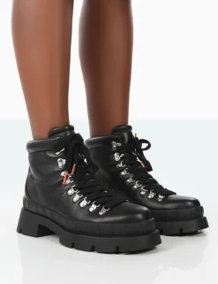 Public Desire Hike There Pu Lace Up Chunky Sole Winter Boots Black Sale