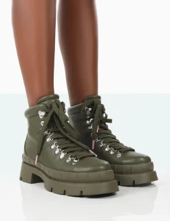 Public Desire Hike There Pu Lace Up Chunky Sole Winter Boots Khaki Outlet