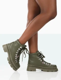 Public Desire Hike There Pu Lace Up Chunky Sole Winter Boots Khaki Outlet