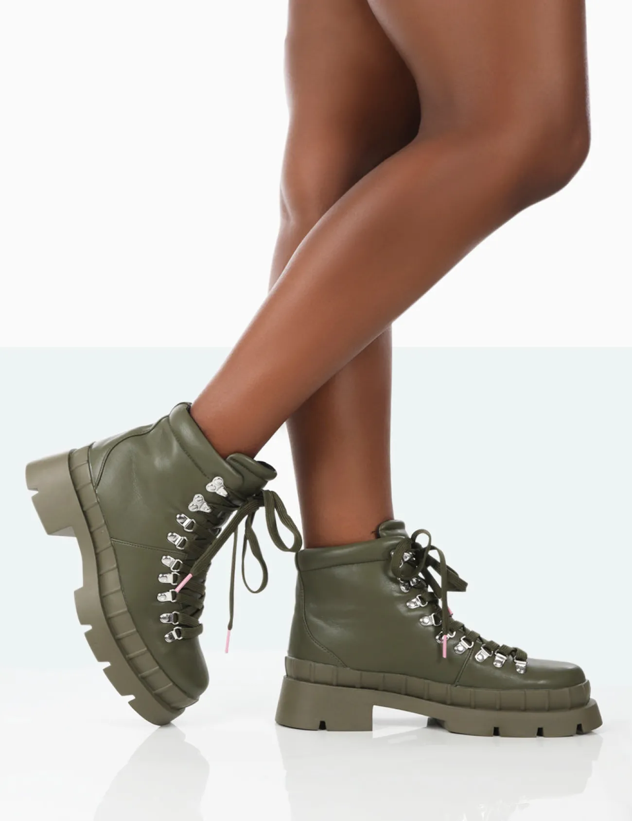 Public Desire Hike There Pu Lace Up Chunky Sole Winter Boots Khaki Outlet