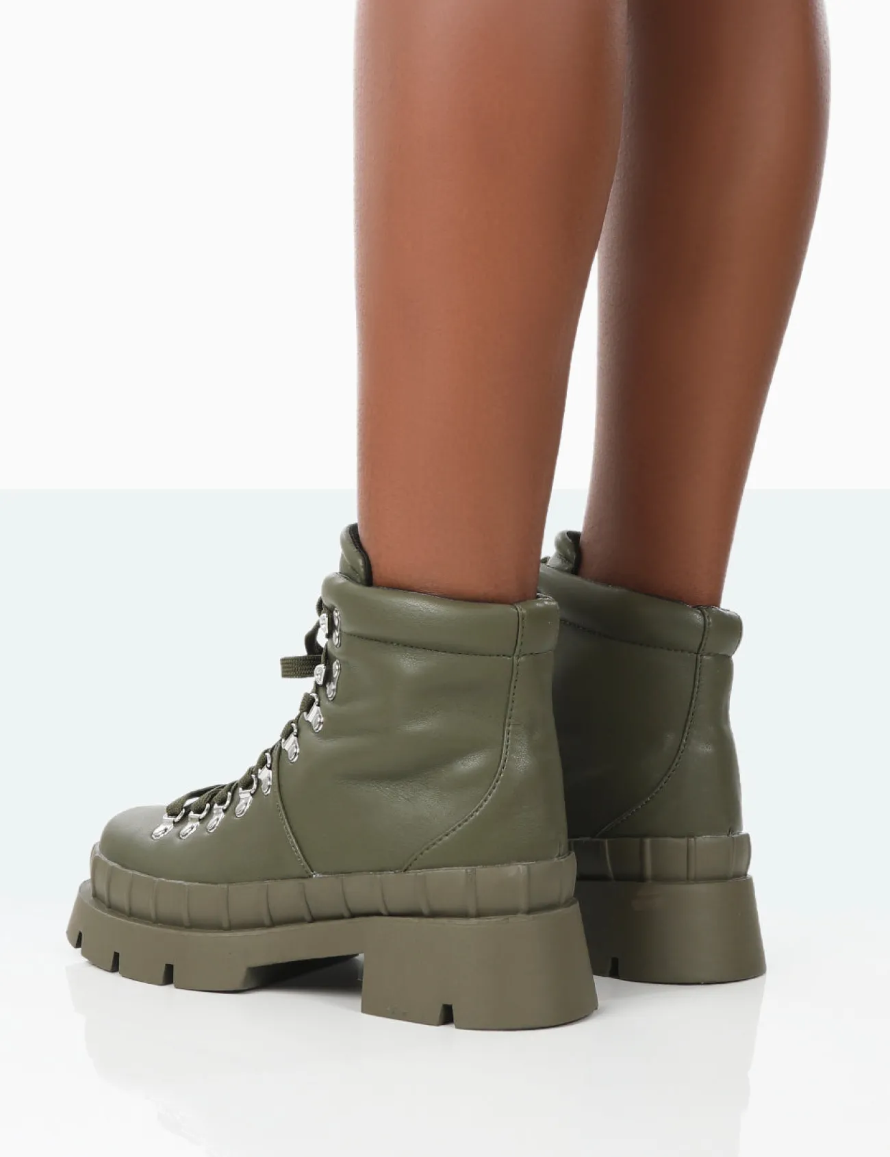 Public Desire Hike There Pu Lace Up Chunky Sole Winter Boots Khaki Outlet