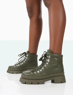 Public Desire Hike There Pu Lace Up Chunky Sole Winter Boots Khaki Outlet