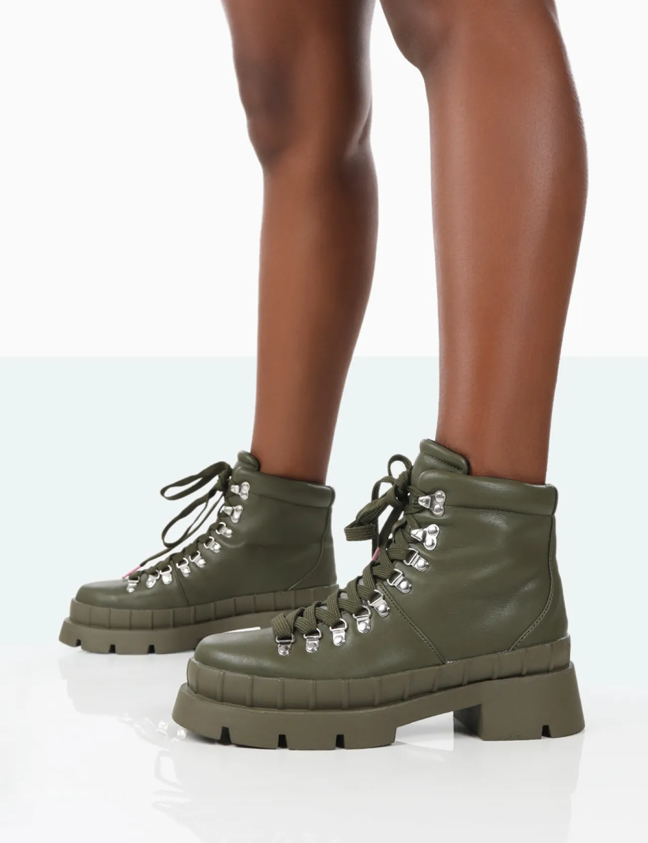 Public Desire Hike There Pu Lace Up Chunky Sole Winter Boots Khaki Outlet