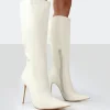 Public Desire Horizon Ecru Pu Stiletto Knee High Boots White Cheap