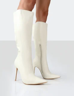 Public Desire Horizon Ecru Pu Stiletto Knee High Boots White Cheap
