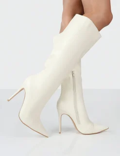 Public Desire Horizon Ecru Pu Stiletto Knee High Boots White Cheap
