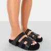 Public Desire Hot Fuzz Borg Cut Out Flat Sandals Black Online