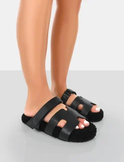 Public Desire Hot Fuzz Borg Cut Out Flat Sandals Black Online