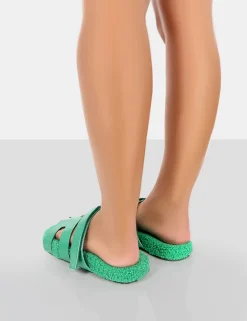 Public Desire Hot Fuzz Borg Cut Out Flat Sandals Green Outlet