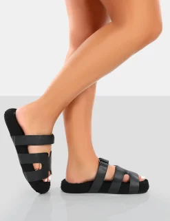 Public Desire Hot Fuzz Borg Cut Out Flat Sandals Black Online