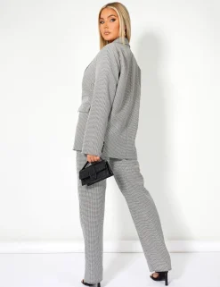 Public Desire Houndstooth Straight Leg Split Hem Trousers Grey Outlet