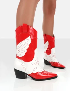 Public Desire Howdy Patent Pointed Toe Western Cowboy Block Ankle Boots Red Cheap