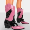 Public Desire Howdy Patent Pointed Toe Western Cowboy Block Ankle Boots Pink Outlet