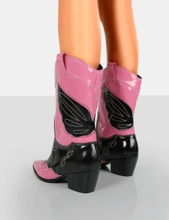 Public Desire Howdy Patent Pointed Toe Western Cowboy Block Ankle Boots Pink Outlet