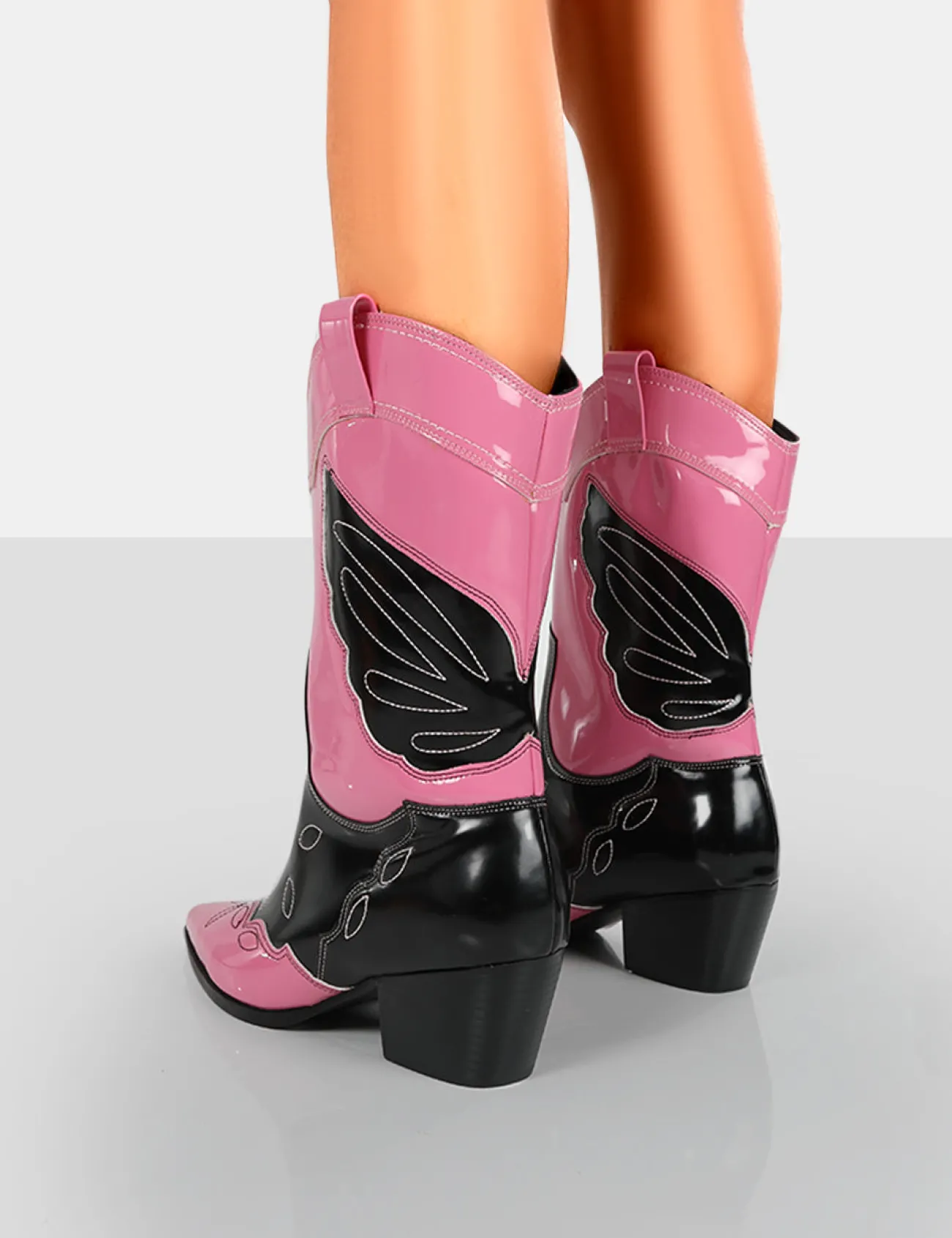 Public Desire Howdy Patent Pointed Toe Western Cowboy Block Ankle Boots Pink Outlet