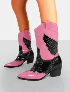 Public Desire Howdy Patent Pointed Toe Western Cowboy Block Ankle Boots Pink Outlet