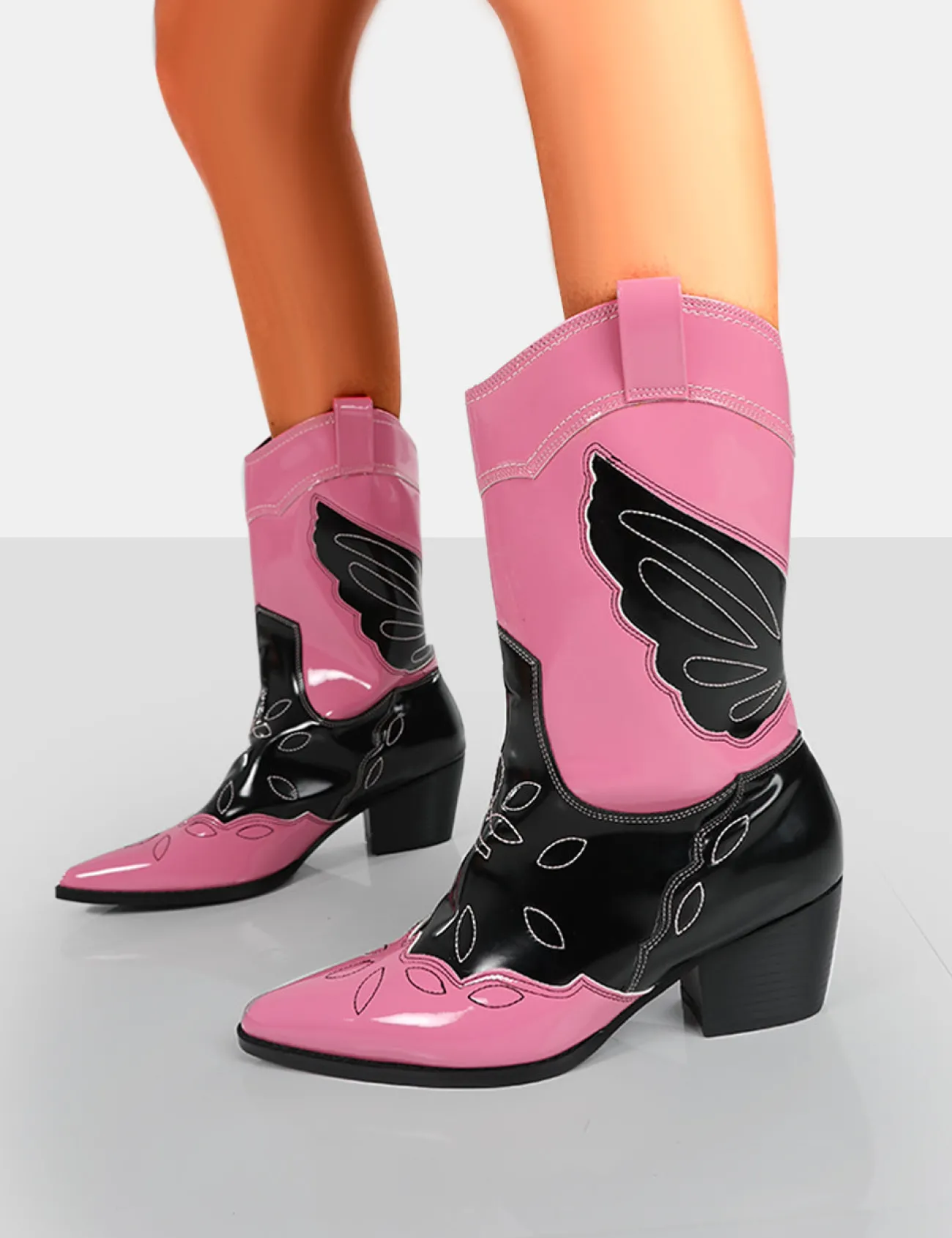 Public Desire Howdy Patent Pointed Toe Western Cowboy Block Ankle Boots Pink Outlet