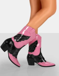Public Desire Howdy Patent Pointed Toe Western Cowboy Block Ankle Boots Pink Outlet