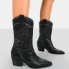 Public Desire Howdy Pu Pointed Toe Western Cowboy Block Ankle Boots Black Discount