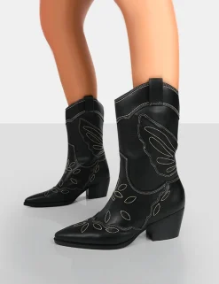 Public Desire Howdy Pu Pointed Toe Western Cowboy Block Ankle Boots Black Discount