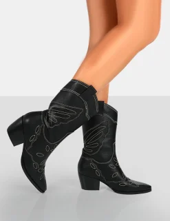 Public Desire Howdy Pu Pointed Toe Western Cowboy Block Ankle Boots Black Discount