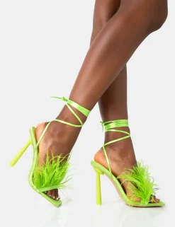 Public Desire Iconic Satin Feather Detail Square Toe High Heels Lime Cheap