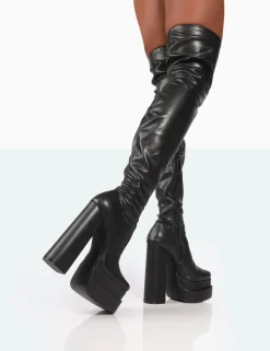 Public Desire Identity Wide Fit Pu Platform Over The Knee Boots Black Clearance