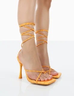 Public Desire Imogen Croc Square Toe Strappy Lace Up Heels Orange Hot