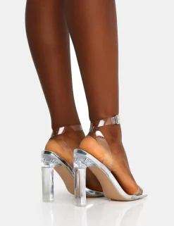 Public Desire Inka Mirror Perspex Round Toe Flat Block Heels Silver Fashion