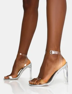 Public Desire Inka Mirror Perspex Round Toe Flat Block Heels Silver Fashion