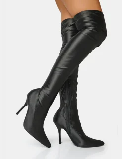 Public Desire Instinct Lycra Pointed Toe Stiletto Thigh High Boots Black Cheap