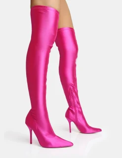 Public Desire Instinct Lycra Pointed Toe Stiletto Thigh High Boots Pink Cheap