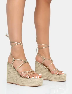 Public Desire Islander Lace Up Square Toe High Heeled Sandal Esparille Wedges Gold Online