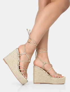 Public Desire Islander Lace Up Square Toe High Heeled Sandal Esparille Wedges Gold Online