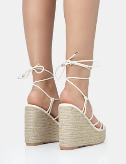 Public Desire Islander Lace Up Square Toe High Heeled Sandal Esparille Wedges Ecru Discount