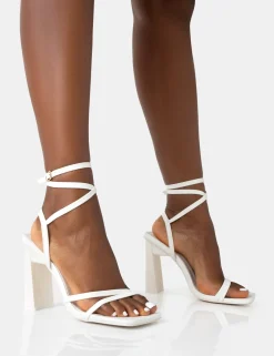 Public Desire Ives Pu Strappy Lace Up Square Toe Slim Block Heels White Fashion