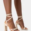 Public Desire Ives Pu Strappy Lace Up Square Toe Slim Block Heels Stone Shop