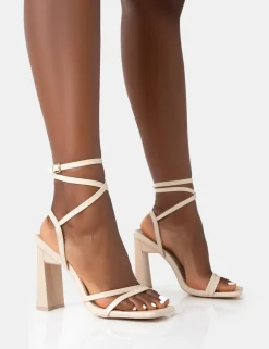 Public Desire Ives Pu Strappy Lace Up Square Toe Slim Block Heels Stone Shop