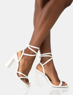 Public Desire Ives Pu Strappy Lace Up Square Toe Slim Block Heels White Fashion