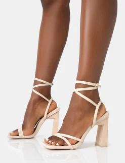 Public Desire Ives Pu Strappy Lace Up Square Toe Slim Block Heels Stone Shop